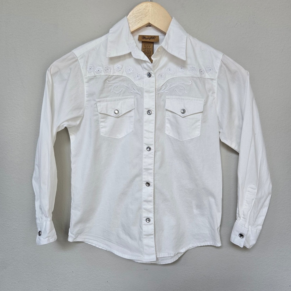 Wrangler Western Button Up Shirt Girls Kids Medium White Embroidered Pearl Snap